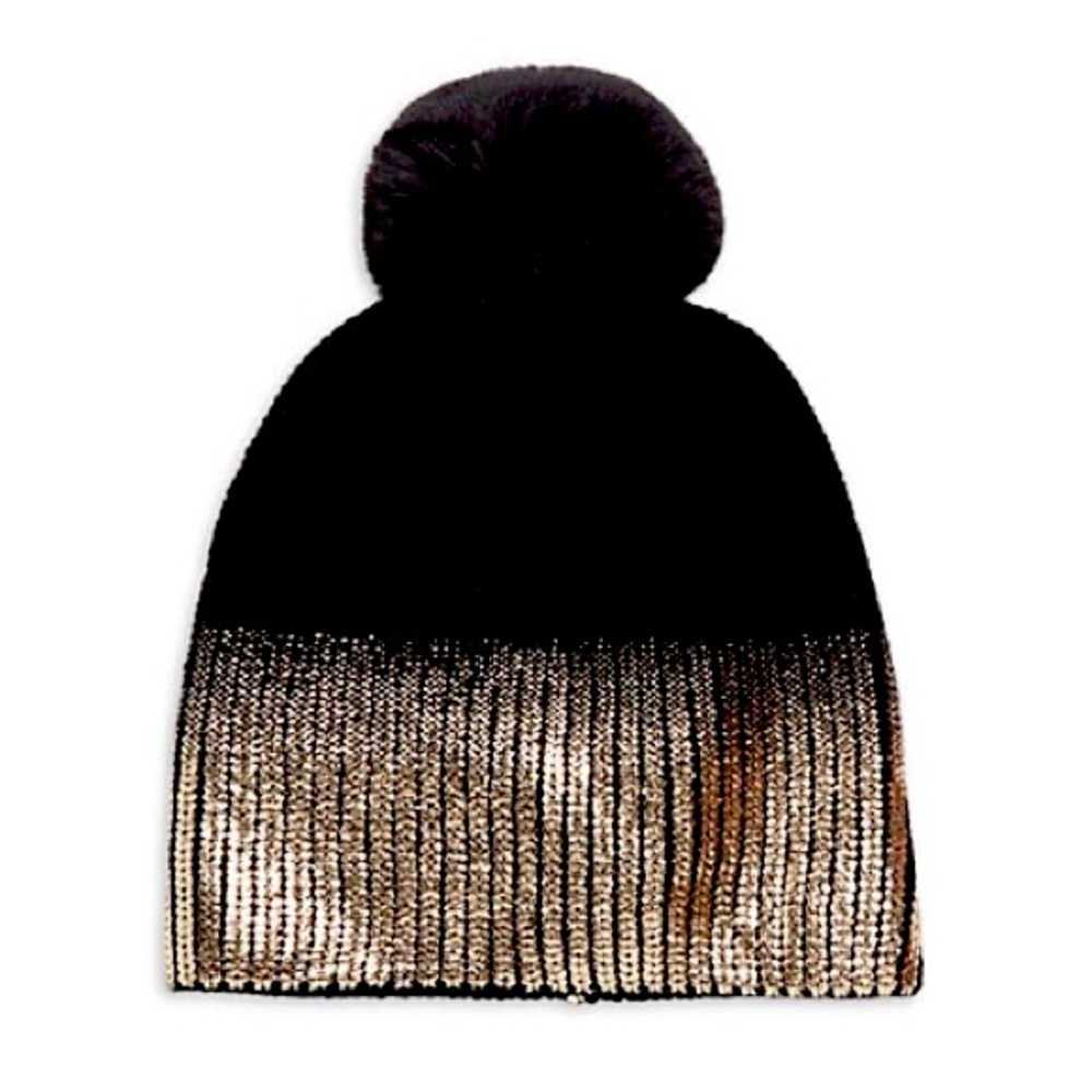 Jocelyn Faux Fur Pom Metallic Ombré Knit Hat new black / gold